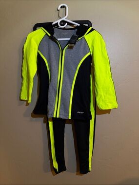 bebe Neon Yellow & Black Zip Hoodie and Legging Set